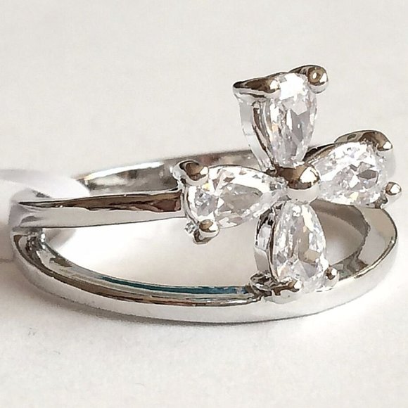 Flower Cocktail Ring Size 9 Cross Pear Cut Cubic Zirconia Silver RhodiumPlated - Picture 7 of 12